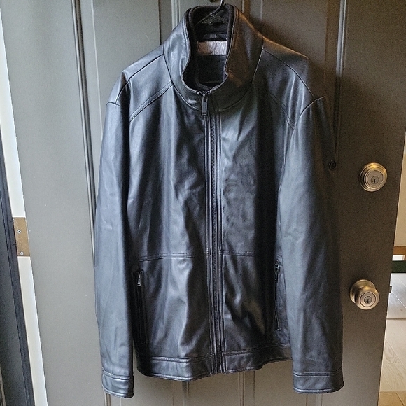Men's Calvin Klein Black Faux Leather Moto Jacket, Size XL, New Without Tags - Picture 1 of 8